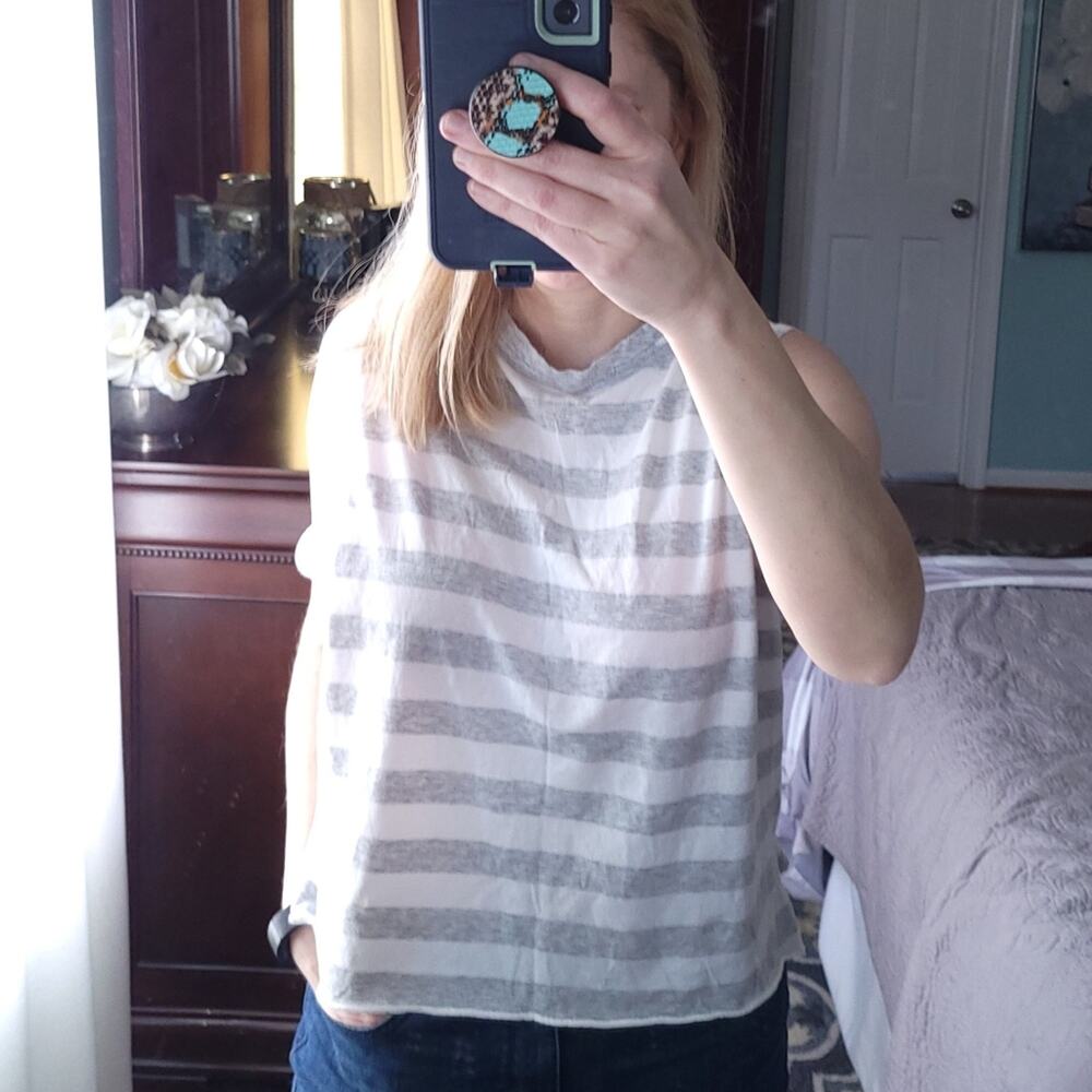 Aerie Real Soft Boxy Tank Small, White Gray Stripes, Loungewear Athletic Top